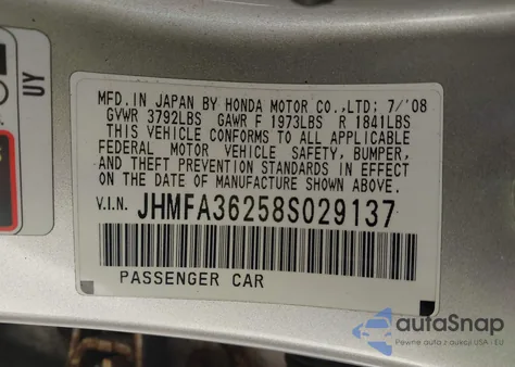 2008 Honda Civic Hybrid z USA, uszkodzony, nr VIN JHMFA36258S029137